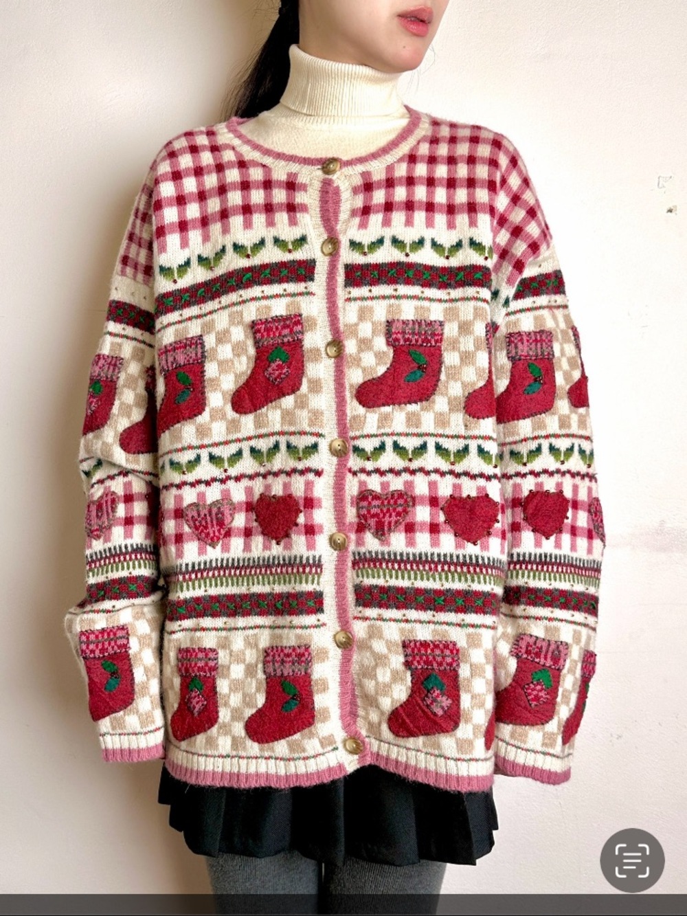 VINTAGE Talbots Christmas Stocking Hearts Mistletoe Knit Button Up Cardigan Sz L